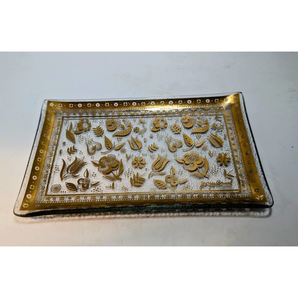 Vintage MCM Georges Briard Persian Garden Gold Gilt Floral Glass Tray Signed - Picture 3 of 5